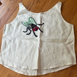 Linen Sleeveless Top with Fly Embroidery - Cream